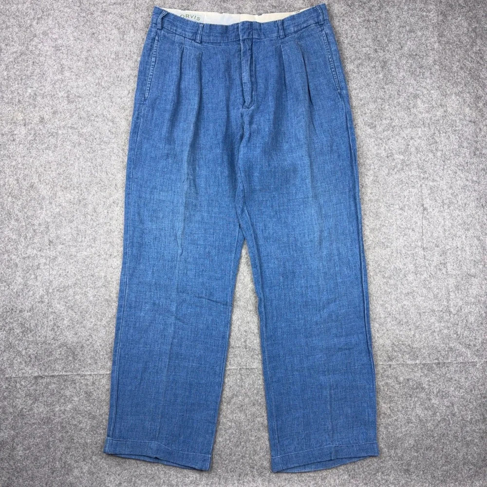 Orvis Pants Mens 34 Blue Linen Pleated Wide Leg Coastal Resort Summer Boho